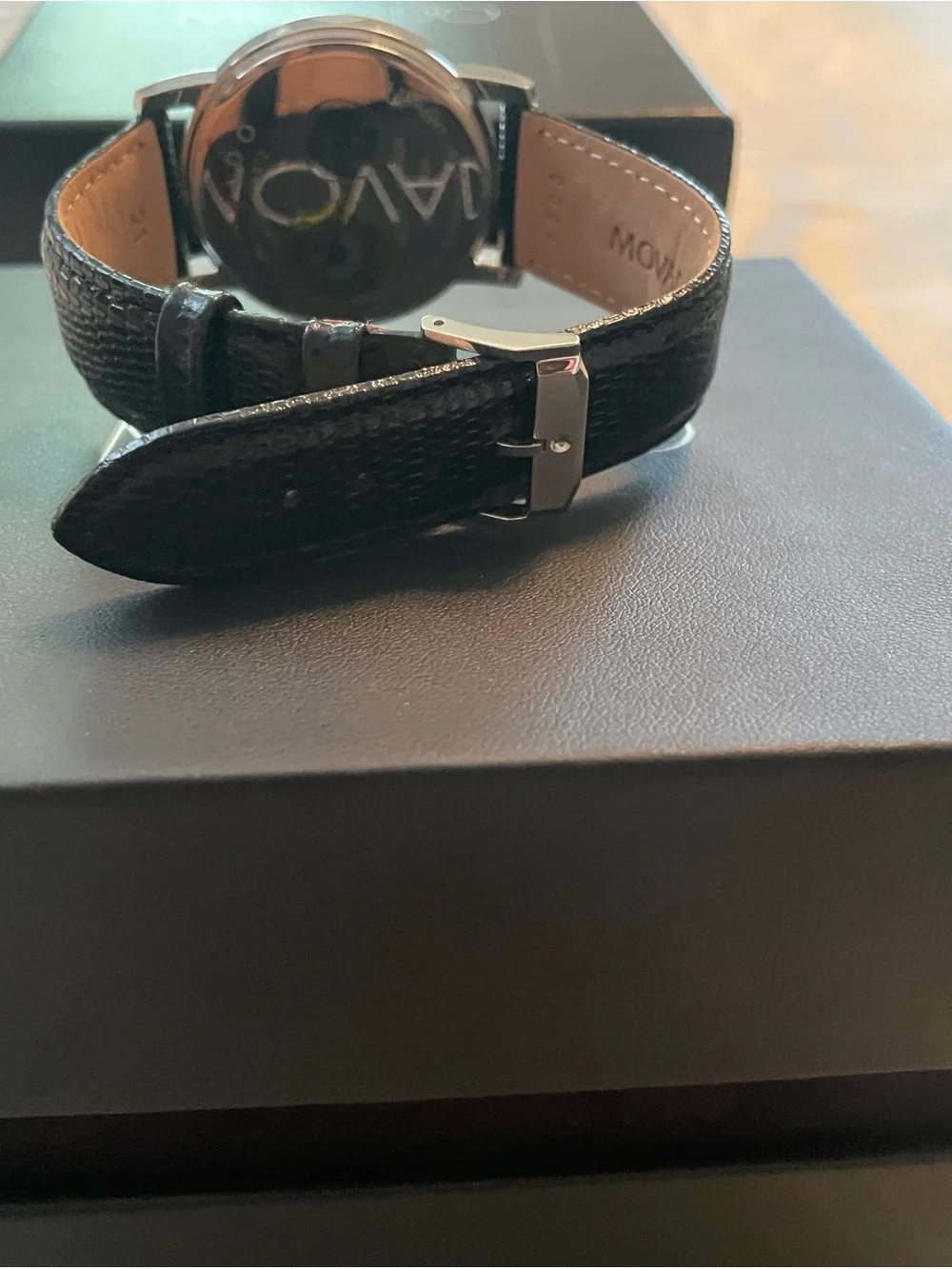 Movado Black Dial Silver Case Black Leather Strap Watch